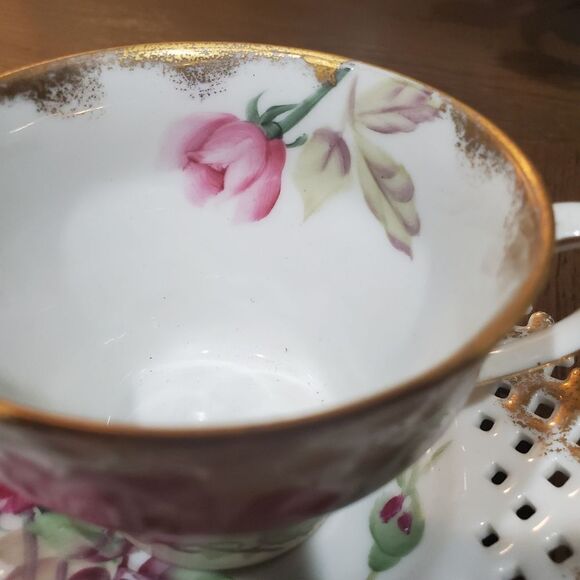 VINTAGE Lefton China Rose Tea Cup and Saucer reticulated - Picture 2 of 5